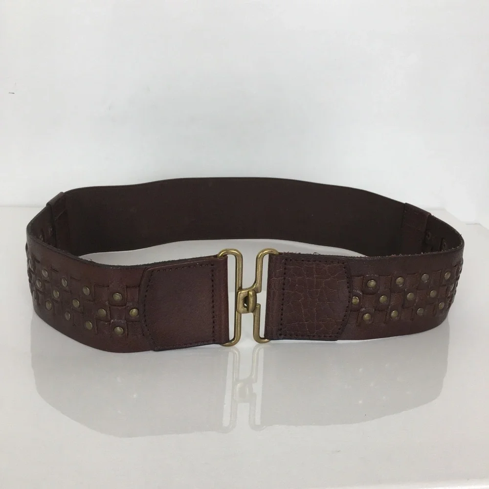 Wide Boho Woven Leather Stretchy Belt Brown with Brass Studs Women’s Size L/XL